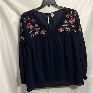 Old Navy Floral Embroidered Navy-Blue Blouse